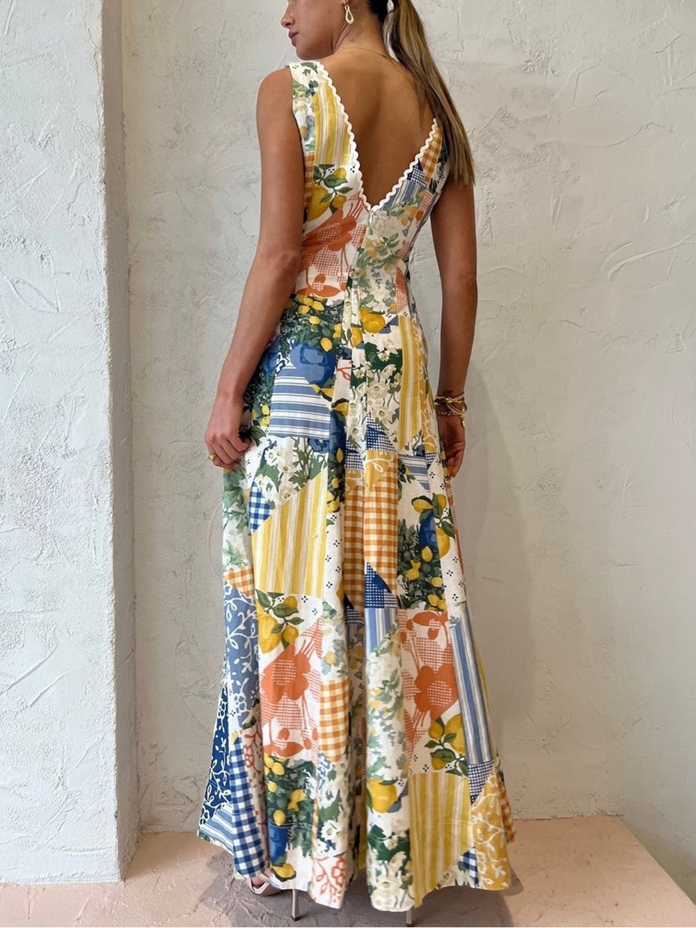 Commense Blue White Lemon Patchwork Floral Maxi Dress Lace Trim V Neck M - Picture 2 of 7